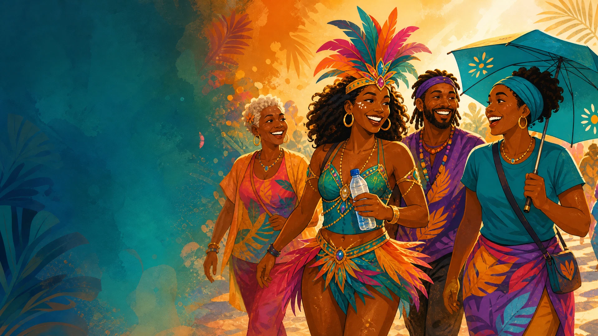 An illustrated CarnivalWell community celebrating and looking after one another.